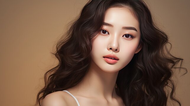 Young Asian beauty woman curly long hair with korean makeup style touch her face and perfect skin on isolated beige background. Facial treatment, Cosmetology, plastic surgery