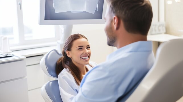 Young dentist showing x-ray to patient in examination room