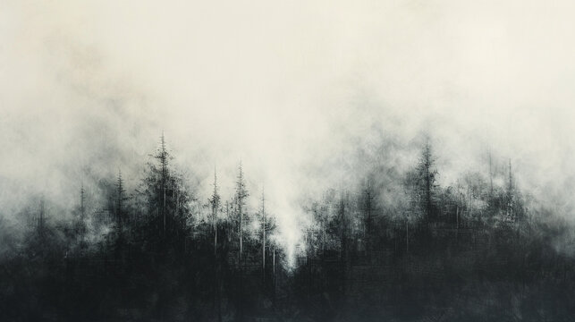 The mystery of a dense fog, depicted through smoky grays and whites.