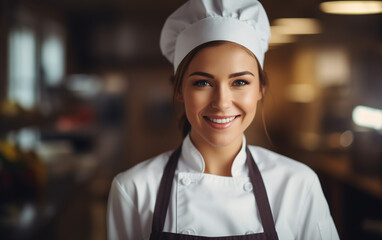 smiling beautiful woman baker or chef in uniform portrait. copy space banner
