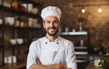 Portrait of cheerful positive chef on restaurant kitchen, copy space banner