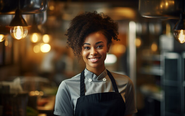 smiling beautiful african american waitress with cafe in the background.copy space banner