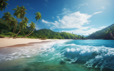 panorama of tropical beach with ocean and coconut palm trees