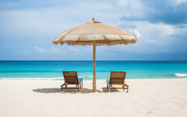 Sun loungers under umbrella on beach.summer banner with copy space