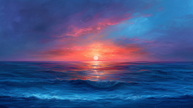 The tranquility of a sunset over the ocean, with warm hues melting into cool blues.