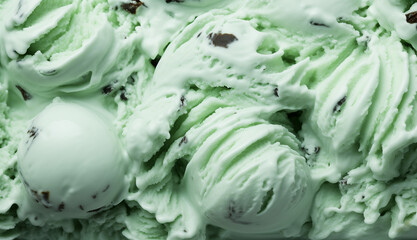 Closeup texture of mint and chocolate chip ice cream. place for text banner