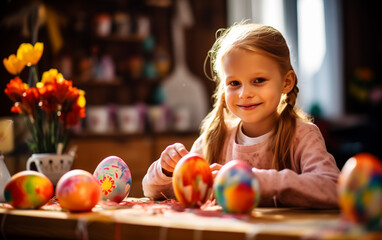 Fototapeta na wymiar A Little Girl Is Sitting At A Table Decorating Easter Eggs