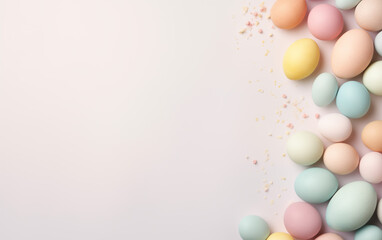 A Bunch Of Colorful Easter Eggs On A light pink Background with copy space