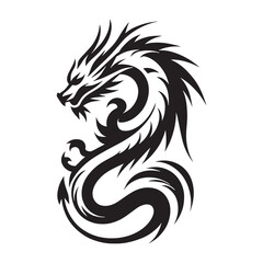black and white tribal dragon tattoo hand drawn art vector illustration - obrazy, fototapety, plakaty
