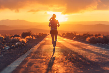 silhouette of a  female person running into the sunset, enhanced version, large, commercial sports