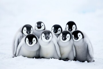 Group Of Adorable Penguins Huddled Together In The Snow