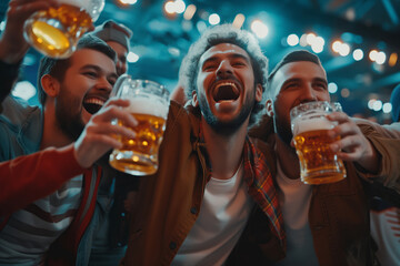 Group Of Men Cheers With Beer Mugs At Sports Event, Visibly Intoxicated