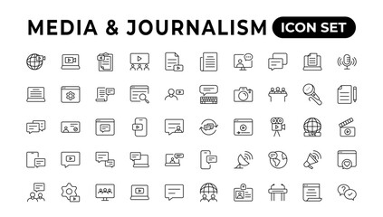 Set of thin line icons news, mass media, and fake news. Outline symbol collection. related to media,