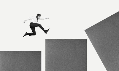 Photo collage of excited guy jump on graphical background