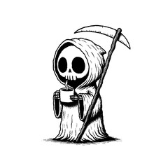 grim reaper drinking coffee, in the style of childish hand drawn drawing