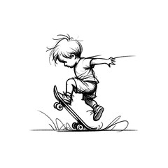 Kid doing a trick on a skateboard, in the style of childish hand drawn drawing