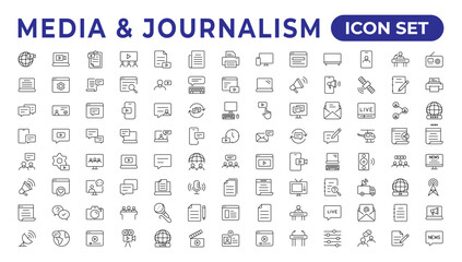 Set of thin line icons news, mass media, and fake news. Outline symbol collection. related to media, - obrazy, fototapety, plakaty