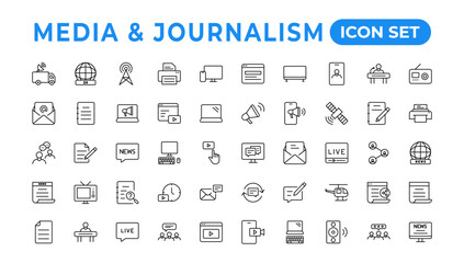 Set of thin line icons news, mass media, and fake news. Outline symbol collection. related to media,