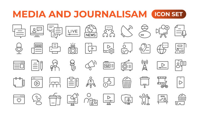 Set of thin line icons news, mass media, and fake news. Outline symbol collection. related to media,