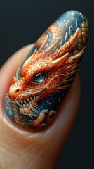 Close-up of a nail art masterpiece featuring a vivid Chinese dragon design