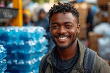 A stylish and cheerful African man with a backpack in a vibrant market setting.