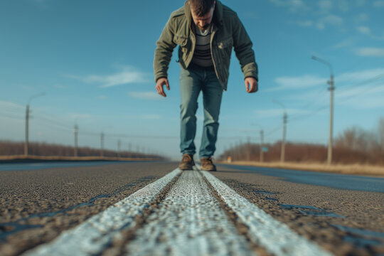 Perfectly Symmetrical Photo Of A Man Attempting To Walk A Straight Line During A Roadside Sobriety Test With Centered Composition And Ample Copy Space