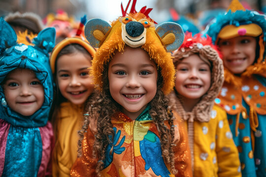 Children in colorful costumes celebrate a festive cultural parade with joy and dance.