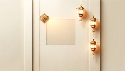 a simple and elegant light beige background with golden lantern decoration hanging on it