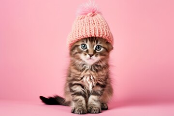 Adorable Siberian Kitten Wears Knitted Hat And Poses On Pink