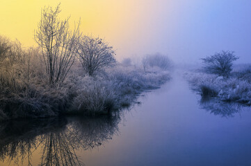 Beautiful winter sunrise on river - 729337505