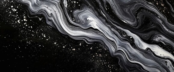 Black And White Abstract Acrylic Painting With Silver In Space Style