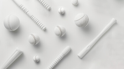 Craft a minimalist cricket graphic with cricket bats, balls, and stumps in pure white - obrazy, fototapety, plakaty