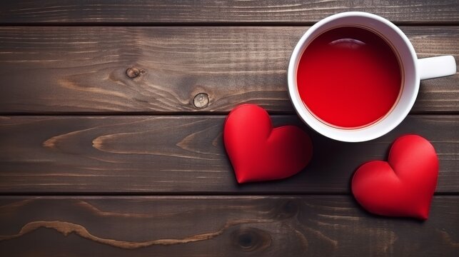 Card for Valentines day, red toy heart and a cup of coffee on a dark wood background. toning. selective Focus