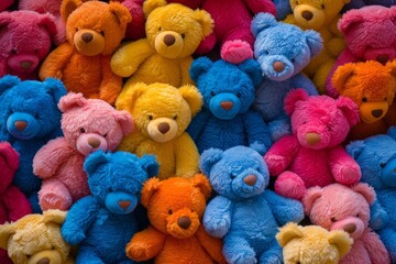 Top-Down View Of Vibrant Teddy Bears Creating A Joyful Stack In Perfect Symmetry, Focal Point, Ample Room For Text