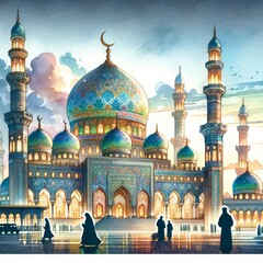 Obraz premium A beautiful mosque designed for Ramadan in a watercolor style