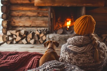 Fototapeta na wymiar Young Woman And Her Adorable Dog Enjoy Cozy Cabin Vibes By The Fireplace - Perfect Symmetrical Photo With Centered Composition And Copy Space