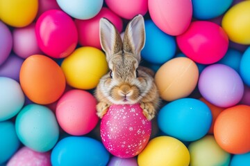 Energetic Easter Bunny Emerges From Vibrant Egg, Surrounded By Festive Colors