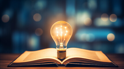 Lightbulb glowing the book. Light bulb on book