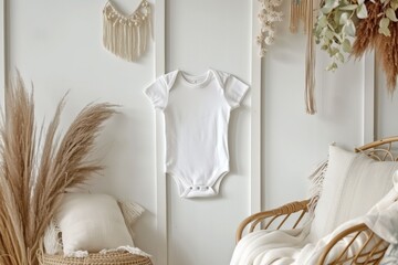 Elegant Baby Bodysuit Mockup In A Minimalist Boho-Style Interior With Handcrafted Decor: Perfectly Balanced Photo With Centered Composition And Ample Copy Space