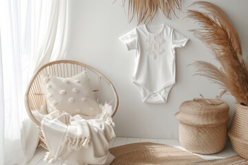 Fototapeta na wymiar Perfectly Symmetrical, Minimalist, Boho-Inspired Interior Featuring A Mockup Of A White Baby Bodysuit With Handmade Decor And Ample Copy Space