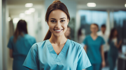 Fototapeta premium Happy white nurse in hospital. Smiling nurse with blur background