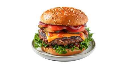 Homemade cheeseburger, food arranged on a plate, front view, white background.Image created by AI