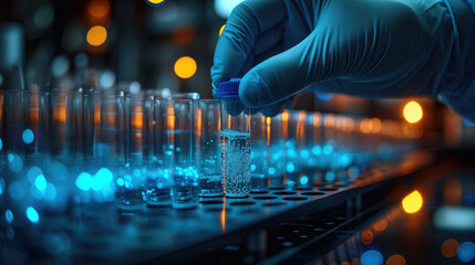 hand of scientist with test tube and flask in medical chemistry lab white banner background.