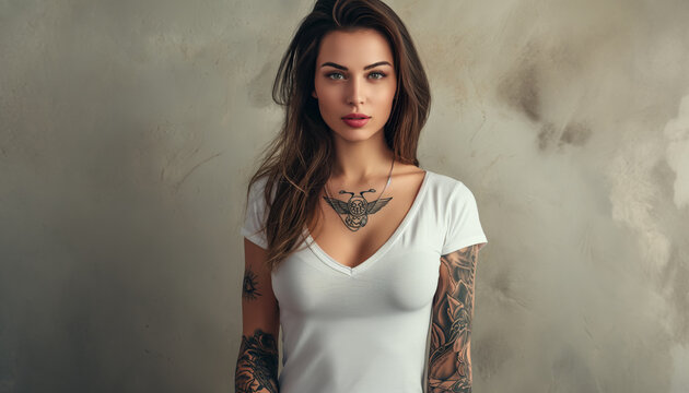 Stylish young girl with tattoos in a trendy white t-shirt, against a light concrete background