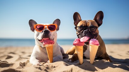 Funny couple of dogs   buried in the sand at the beach on summer vacation holidays ,  wearing red sunglasses, eating a fresh juicy watermelon and ice cream on cone waffle