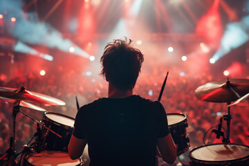 A drummer at a concert in the background of the audience, with his back playing the drums