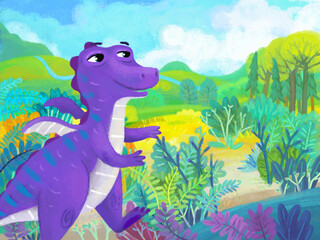 cartoon scene with forest jungle meadow wildlife with dragon dino dinosaur animal zoo scenery illustration for children © honeyflavour