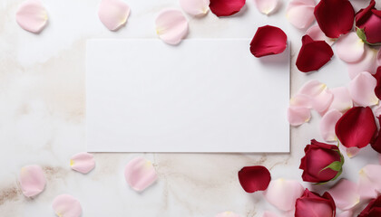Blank text card surrounded by red rose petals and roses. Greeting card or marketing message for Valentine's Day. Valentine's Day promotion or sale. Love letter or message. Copy space for advertising.