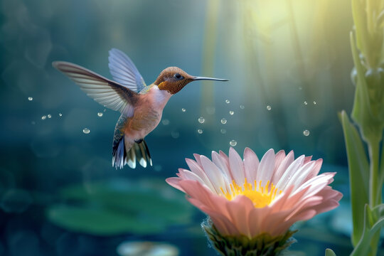 Hummingbird Floating Above a Flower. The Flower and the Hummingbird Merge, Expressing an Image of Dancing in the Air.