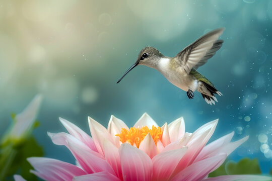 Hummingbird Floating Above a Flower. The Flower and the Hummingbird Merge, Expressing an Image of Dancing in the Air.